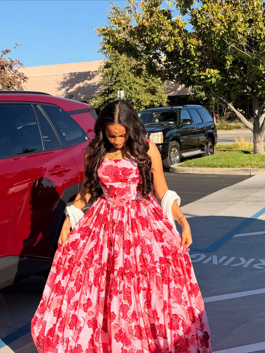 Red Chiffon Habesha - Chiffon Blend Hand-Stitched Cultural Trim for Special Occasions