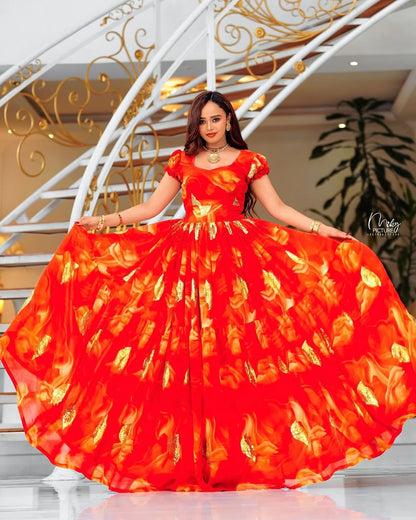 Bold Red Chiffon Habesha Outfit with Lightweight Fabric and Refined Traditional Touches for Special Events and Cultural Ceremonies