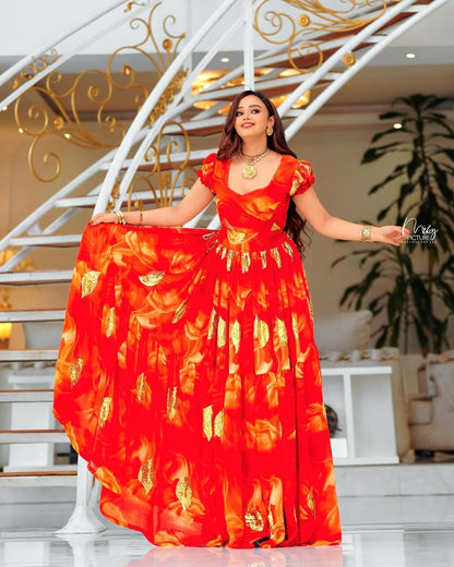 Bold Red Chiffon Habesha Outfit with Lightweight Fabric and Refined Traditional Touches for Special Events and Cultural Ceremonies