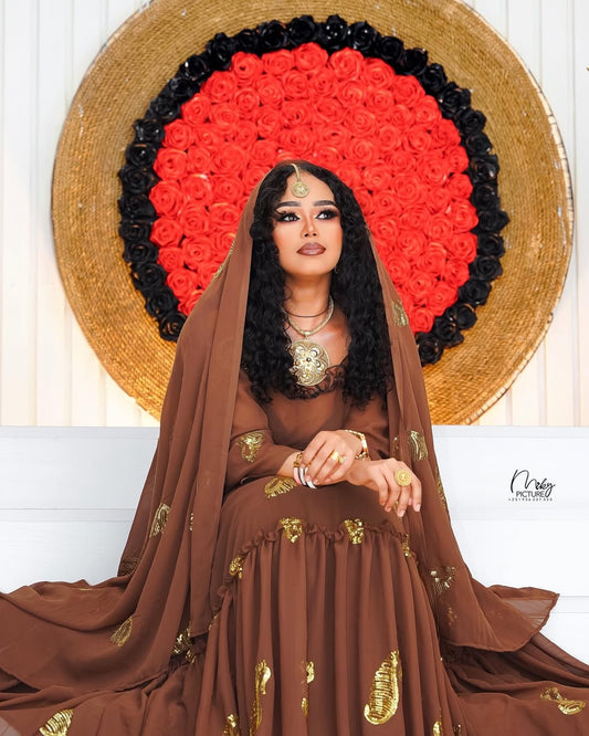 Brown Habesha Dress with Gold Detailing – Elegant Ethiopian Traditional Outfit with Warm Tones for Weddings and Special Occasions