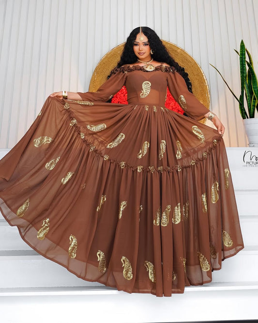 Brown Habesha Dress with Gold Detailing – Elegant Ethiopian Traditional Outfit with Warm Tones for Weddings and Special Occasions