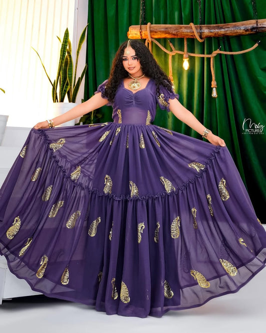 Purple Habesha Chiffon Dress with Gold Detailing – Elegant Flowing Ethiopian Outfit for Weddings, Evening Events, and Special Occasions