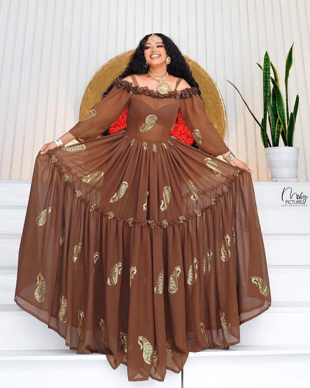 Brown Habesha Dress with Gold Detailing – Elegant Ethiopian Traditional Outfit with Warm Tones for Weddings and Special Occasions