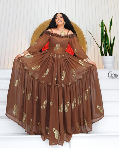 Brown Habesha Dress with Gold Detailing – Elegant Ethiopian Traditional Outfit with Warm Tones for Weddings and Special Occasions