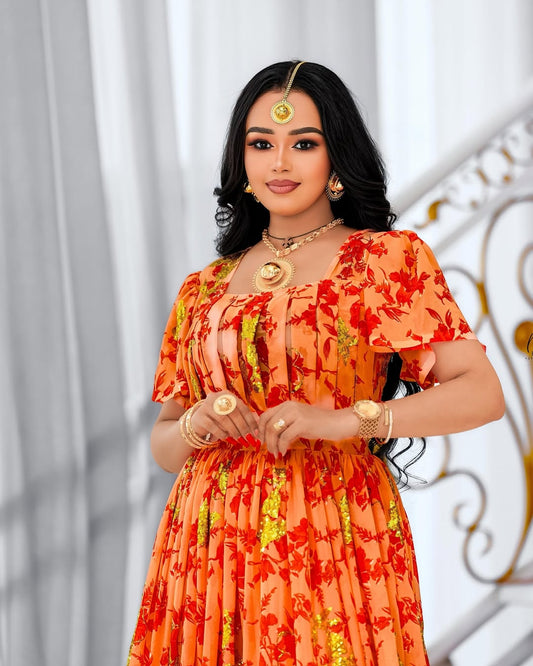 Orange Habesha Chiffon Dress – Flowing Ethiopian Shifon for Weddings