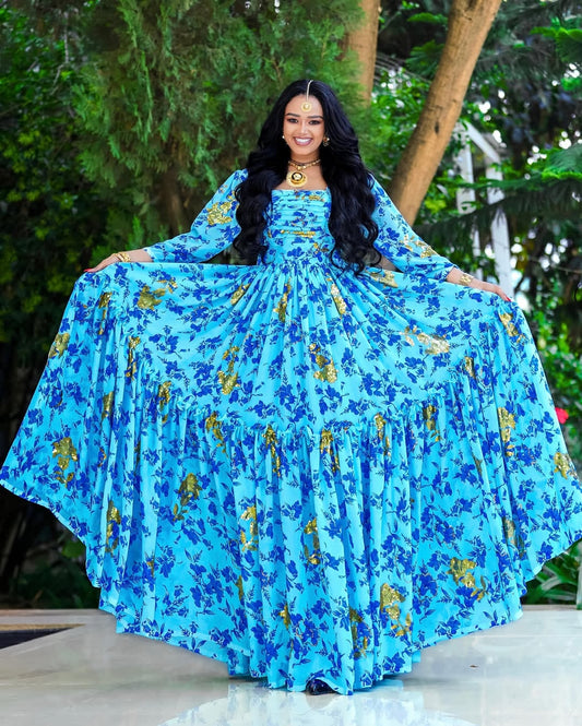Blue Habesha Chiffon Dress – Flowing Ethiopian Shifon for Weddings
