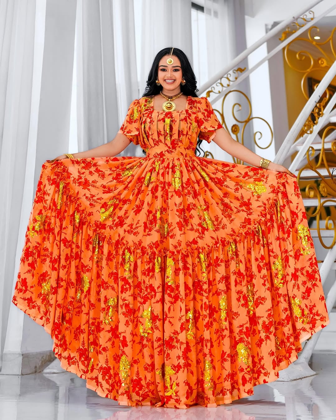 Orange Habesha Chiffon Dress – Flowing Ethiopian Shifon for Weddings