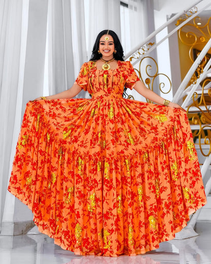 Orange Habesha Chiffon Dress – Flowing Ethiopian Shifon for Weddings
