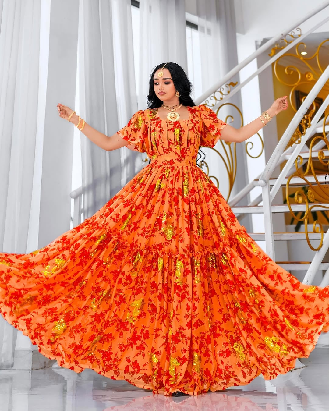 Orange Habesha Chiffon Dress – Flowing Ethiopian Shifon for Weddings