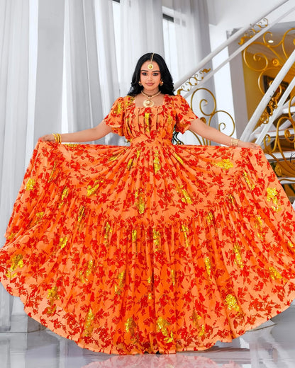 Orange Habesha Chiffon Dress – Flowing Ethiopian Shifon for Weddings