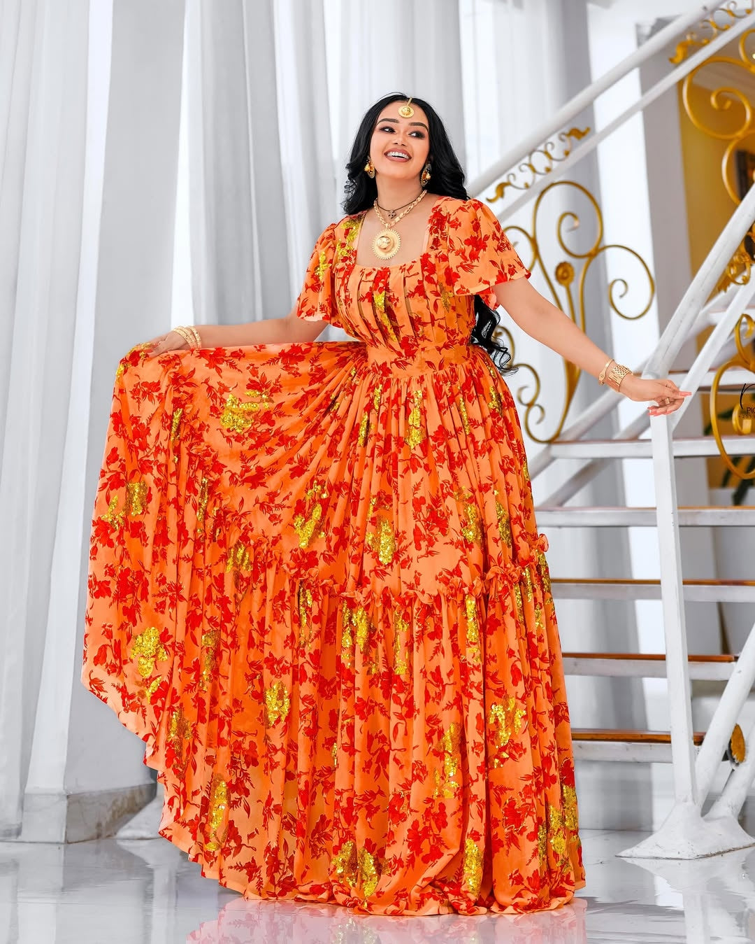 Orange Habesha Chiffon Dress – Flowing Ethiopian Shifon for Weddings