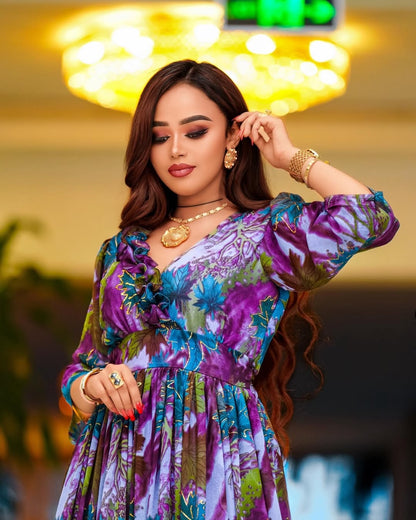 Purple Elegant Habesha Chiffon Dress – Ethiopian Evening Zuria for Eid, Weddings & Special Occasions with Handmade Tibeb Details