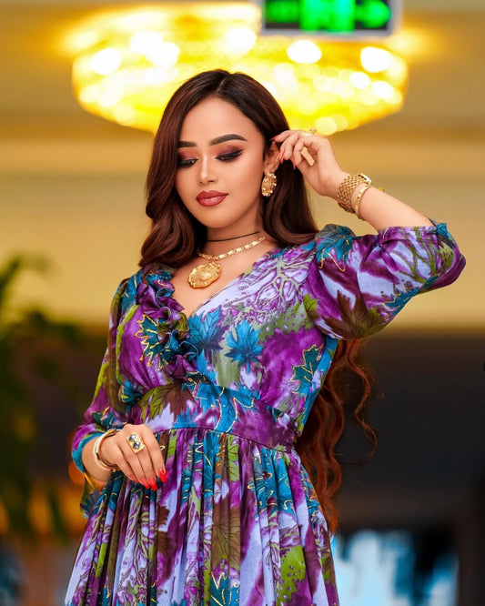 Purple Elegant Habesha Chiffon Dress – Ethiopian Evening Zuria for Eid, Weddings & Special Occasions with Handmade Tibeb Details