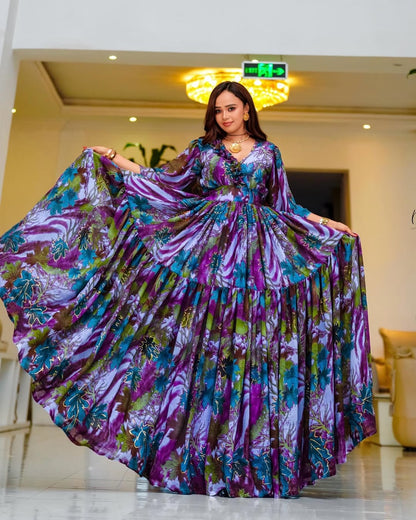 Purple Elegant Habesha Chiffon Dress – Ethiopian Evening Zuria for Eid, Weddings & Special Occasions with Handmade Tibeb Details