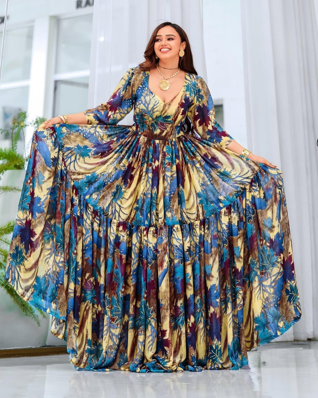 Purple Elegant Habesha Chiffon Dress – Ethiopian Evening Zuria for Eid, Weddings & Special Occasions with Handmade Tibeb Details