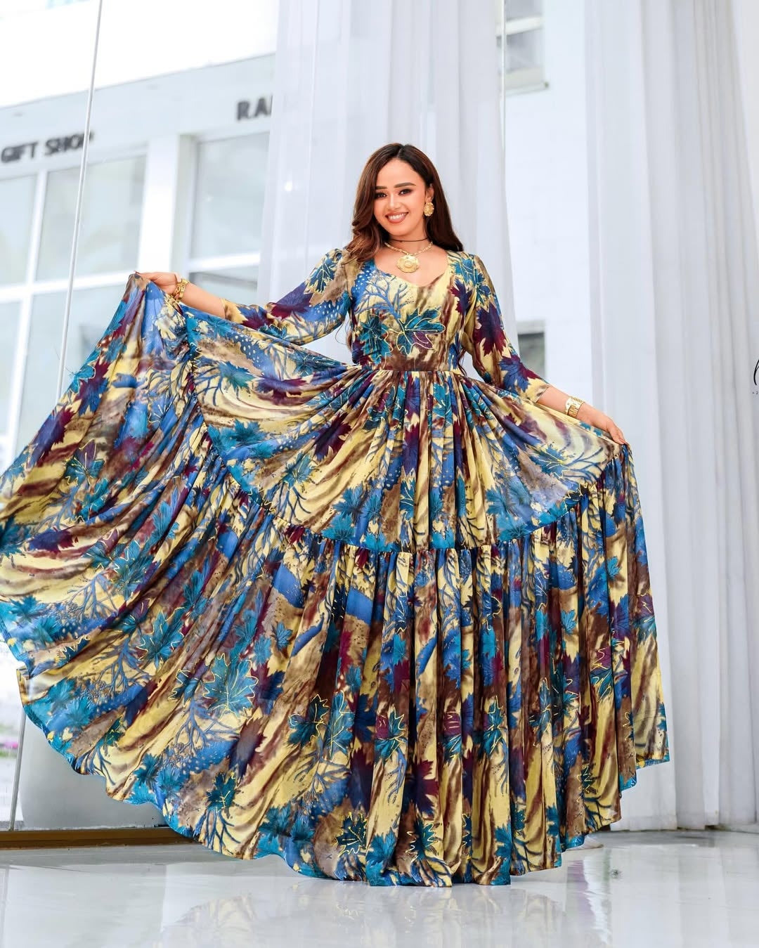 Green Elegant chiffon dress – Ethiopian Habesha Dress with Handmade Details