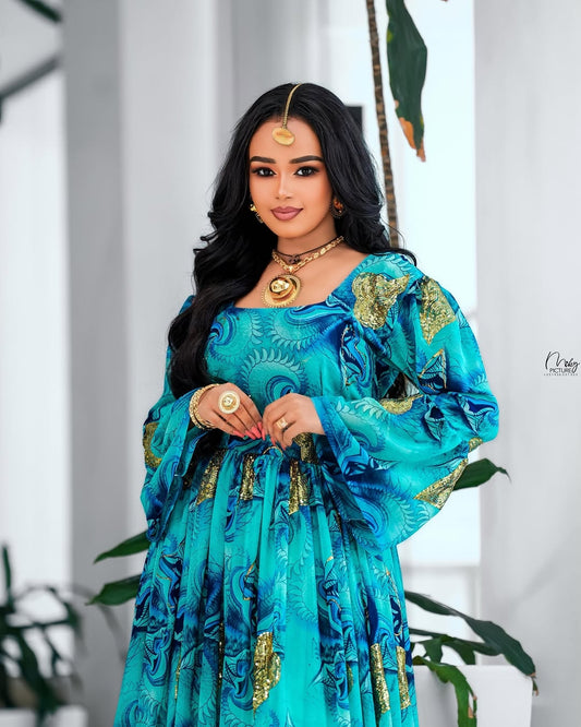Green Habesha Chiffon Dress with Flowing Silhouette - Elegant Ethiopian Fashion