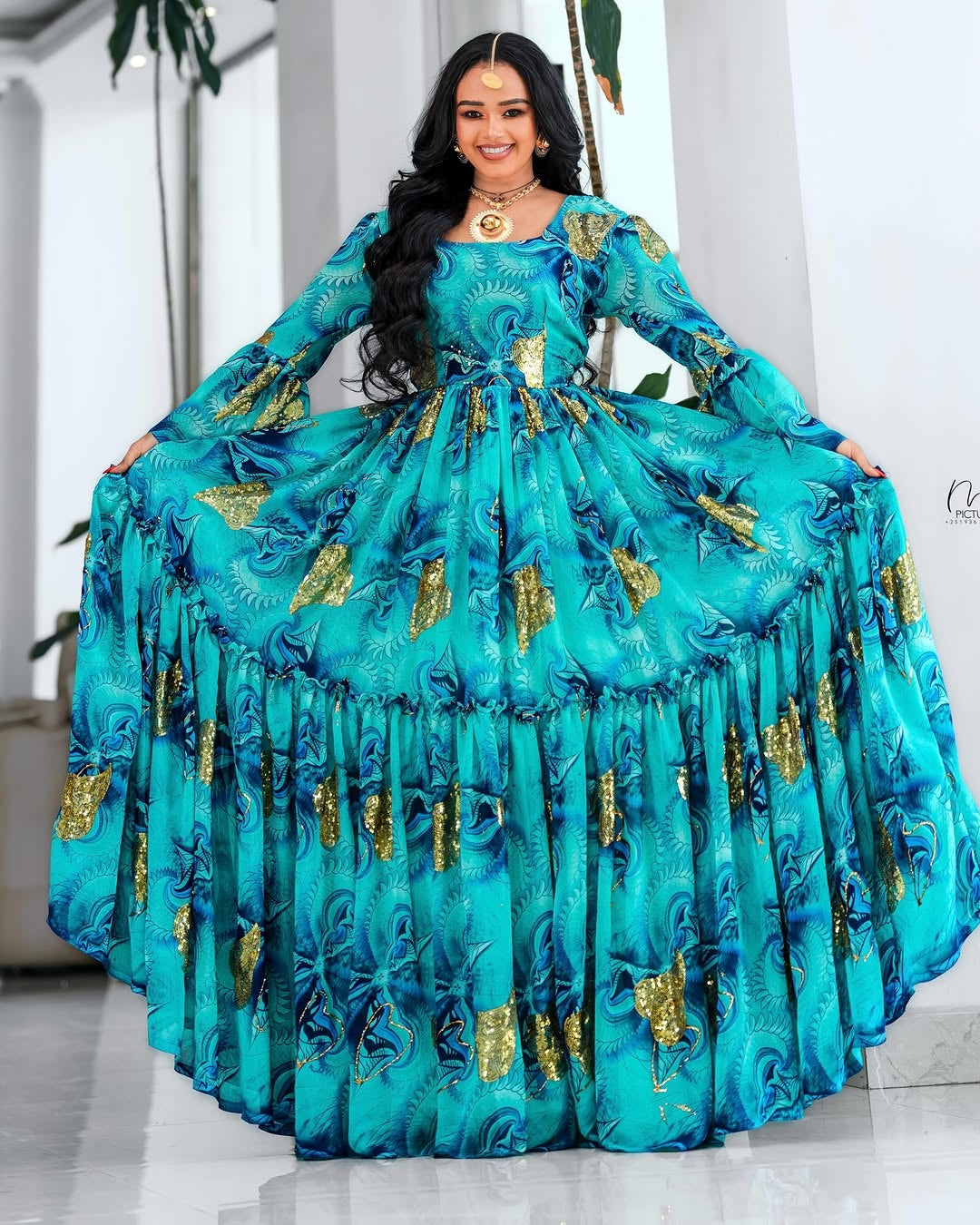 Green Habesha Chiffon Dress with Flowing Silhouette - Elegant Ethiopian Fashion