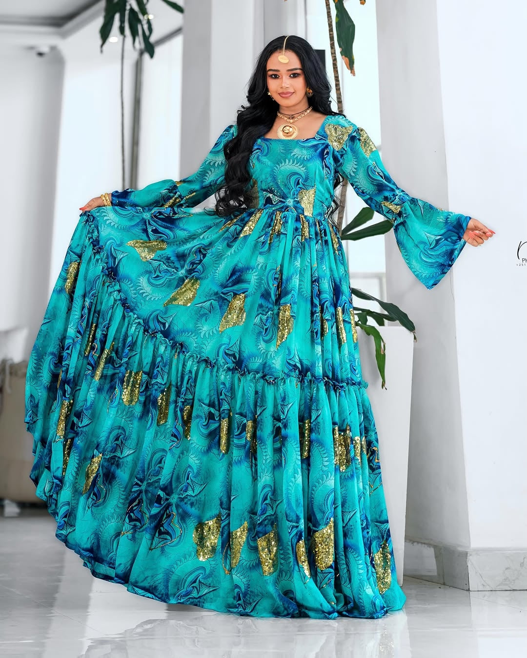 Green Habesha Chiffon Dress with Flowing Silhouette - Elegant Ethiopian Fashion