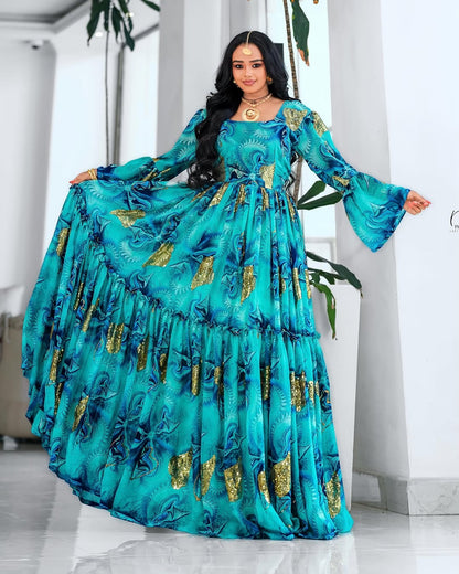 Green Habesha Chiffon Dress with Flowing Silhouette - Elegant Ethiopian Fashion