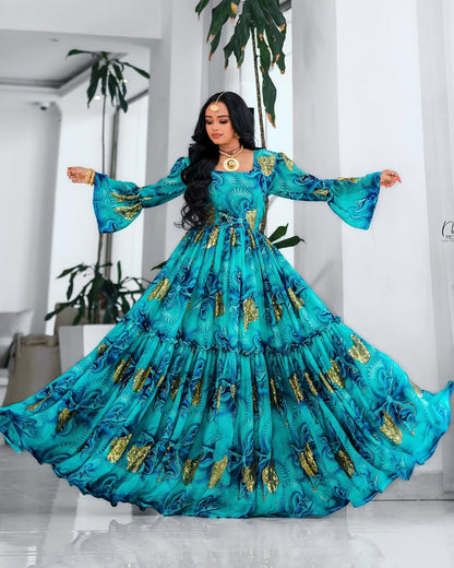 Green Habesha Chiffon Dress with Flowing Silhouette - Elegant Ethiopian Fashion