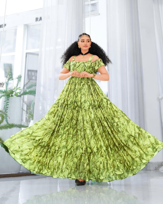 Soft Green Habesha Chiffon Dress with Abstract Pattern – Elegant Ethiopian Dress for Celebrations
