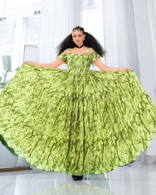 Soft Green Habesha Chiffon Dress with Abstract Pattern – Elegant Ethiopian Dress for Celebrations