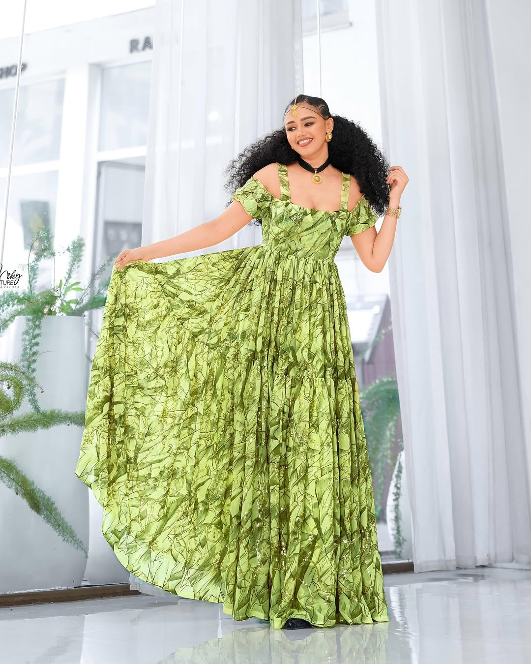 Soft Green Habesha Chiffon Dress with Abstract Pattern – Elegant Ethiopian Dress for Celebrations