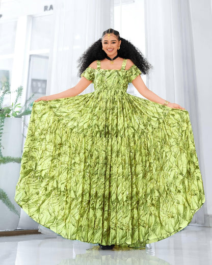 Soft Green Habesha Chiffon Dress with Abstract Pattern – Elegant Ethiopian Dress for Celebrations