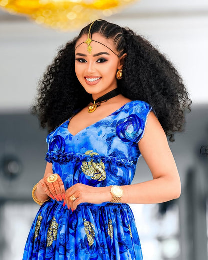 Blue Habesha Chiffon Dress – Lightweight Ethiopian Shifon for Weddings