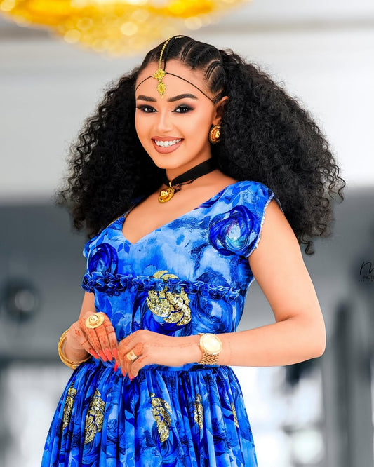 Blue Habesha Chiffon Dress – Lightweight Ethiopian Shifon for Weddings