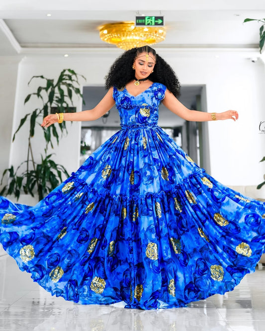 Blue Habesha Chiffon Dress – Lightweight Ethiopian Shifon for Weddings