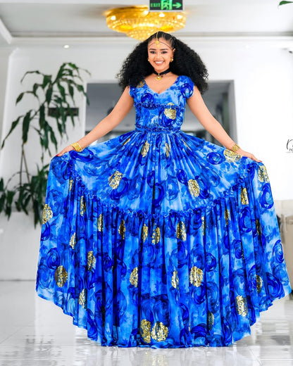 Blue Habesha Chiffon Dress – Lightweight Ethiopian Shifon for Weddings
