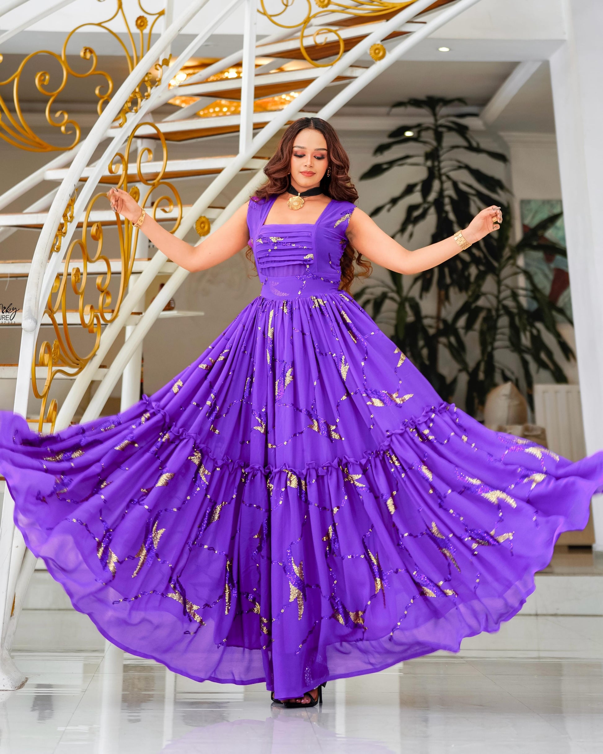 Purple Habesha Chiffon Zuria β Flowing Ethiopian Wedding Dress with Tibeb Embroidery