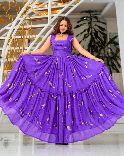 Purple Habesha Chiffon Zuria – Flowing Ethiopian Wedding Dress with Tibeb Embroidery