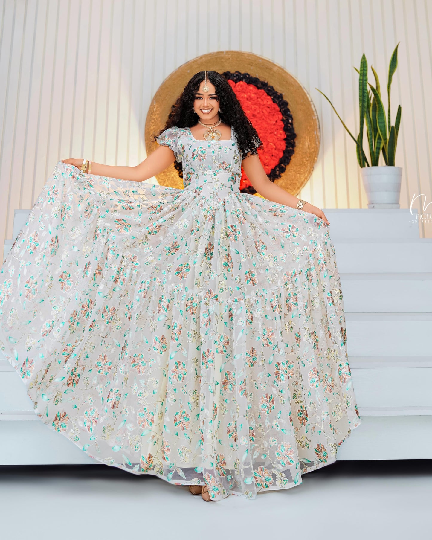 White Silk Habesha chiffion – Modern Floral Evening dress for Weddings