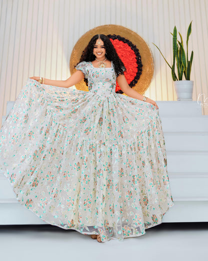 White Silk Habesha chiffion – Modern Floral Evening dress for Weddings