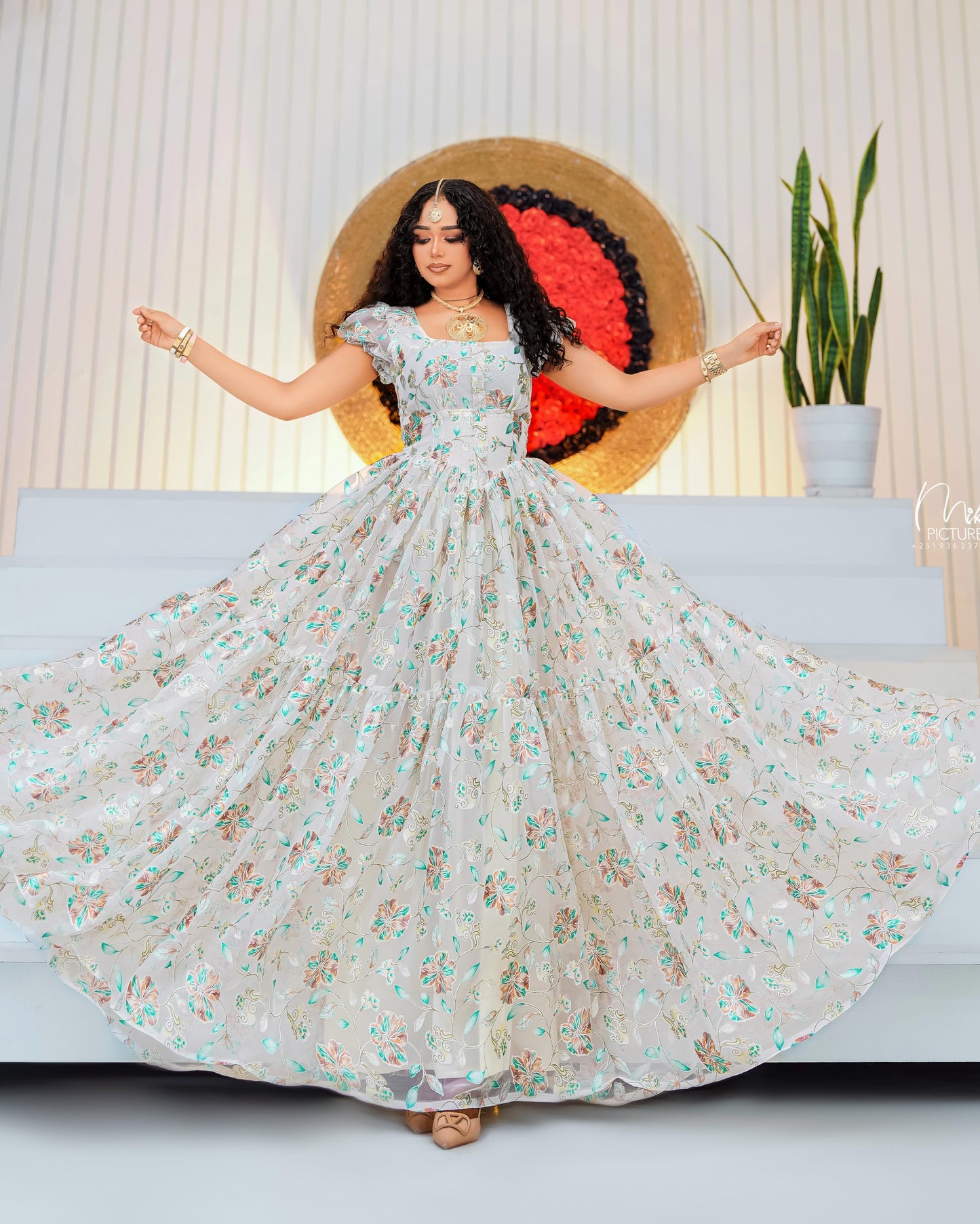 White Silk Habesha chiffion – Modern Floral Evening dress for Weddings