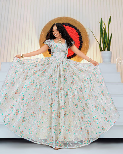 White Silk Habesha chiffion – Modern Floral Evening dress for Weddings