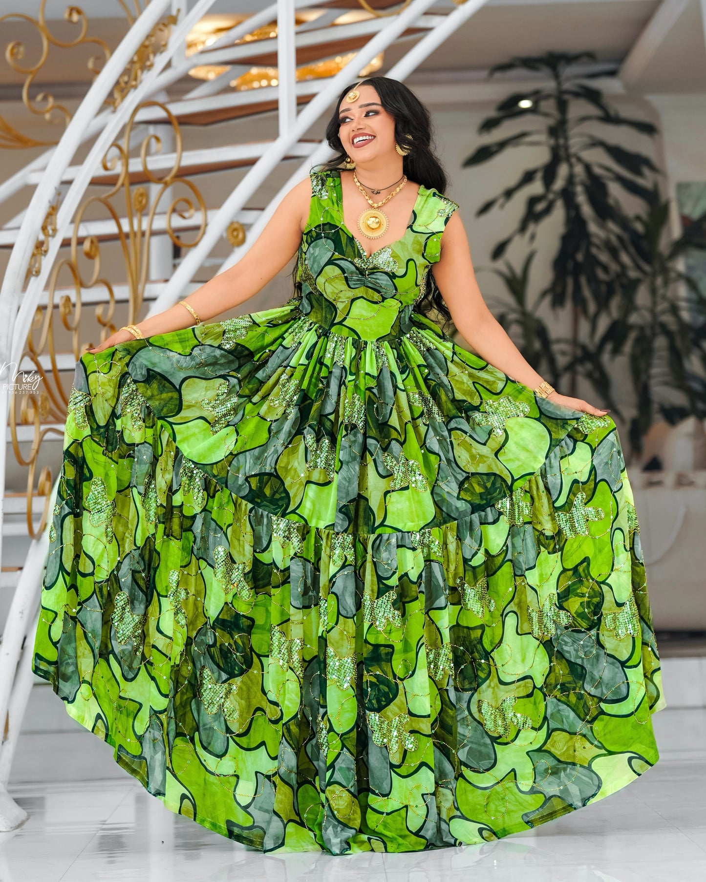 Emerald Habesha chiffion  in soft silk dress featuring embroidery for Genna holiday gatherings