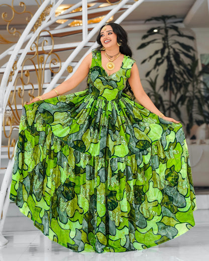 Emerald Habesha chiffion  in soft silk dress featuring embroidery for Genna holiday gatherings