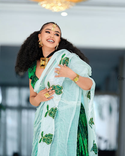 Green  Habesha Dress Fine Chiffon Geometric Tibeb Embroidery for Graduation