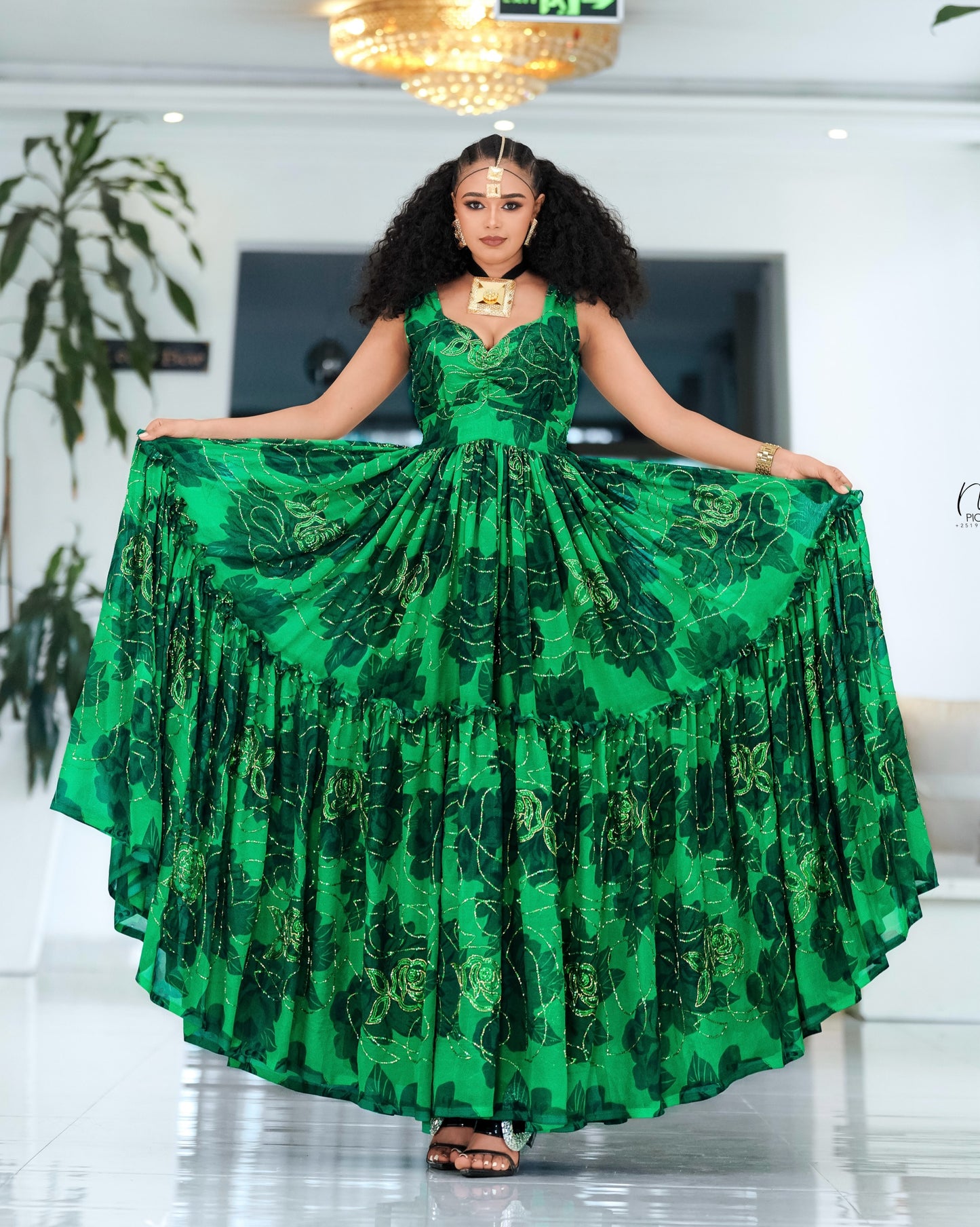 Green  Habesha Dress Fine Chiffon Geometric Tibeb Embroidery for Graduation
