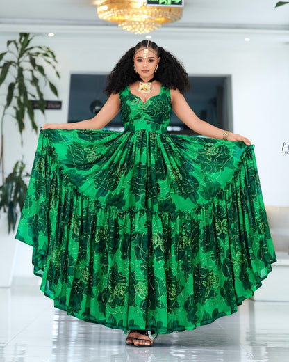 Green  Habesha Dress Fine Chiffon Geometric Tibeb Embroidery for Graduation