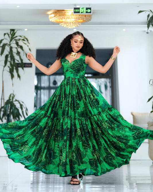 Green  Habesha Dress Fine Chiffon Geometric Tibeb Embroidery for Graduation