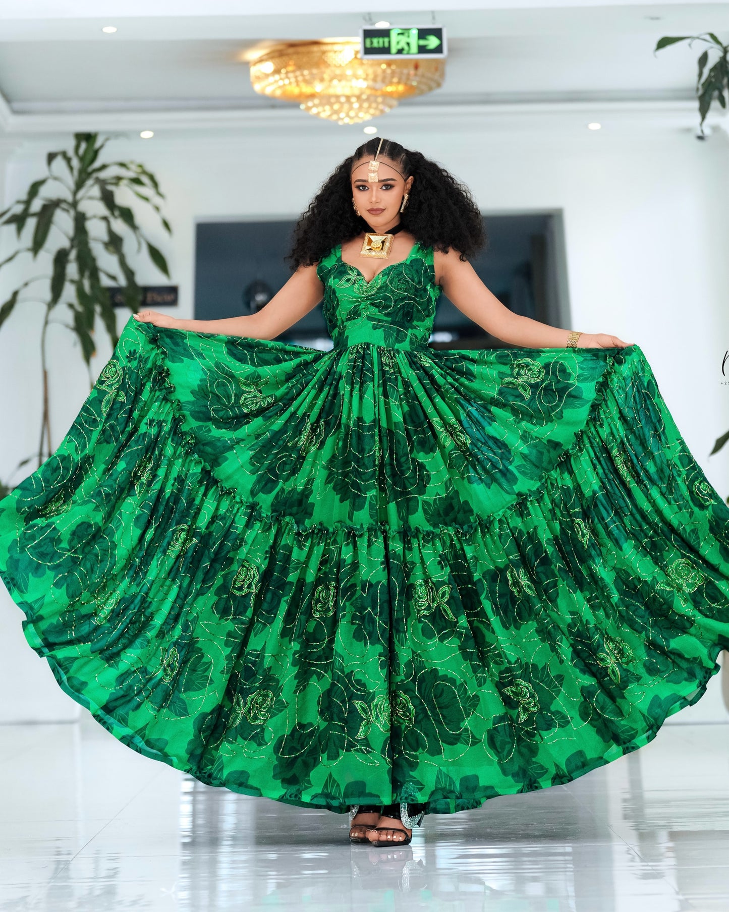 Green  Habesha Dress Fine Chiffon Geometric Tibeb Embroidery for Graduation