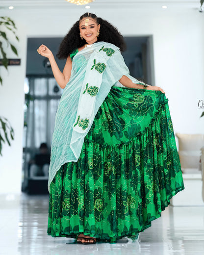 Green  Habesha Dress Fine Chiffon Geometric Tibeb Embroidery for Graduation
