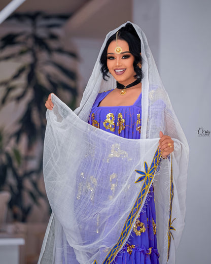 Purple Habesha Chiffon with Long Sleeves – Cotton kemis Cuffs for Church