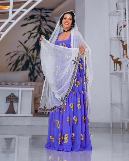 Purple Habesha Chiffon with Long Sleeves – Cotton kemis Cuffs for Church