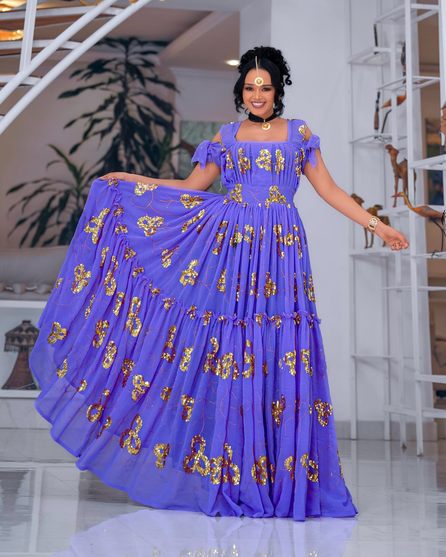 Purple Habesha Chiffon with Long Sleeves – Cotton kemis Cuffs for Church